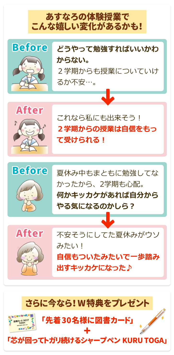 あすなろの体験授業でこんな嬉しい変化があるかも!さらに今なら!W特典をプレゼント