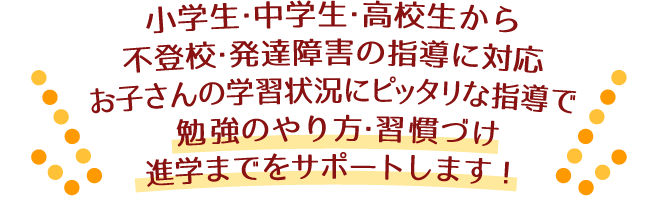 小学生・中学生・高校生”から不登校・発達障害の指導に対応。お子さんの学習状況にピッタリな指導で勉強のやり方・習慣づけ進学までをサポートします！