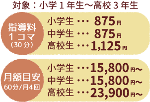 対象：小学1年生〜高校3年生。指導料1コマ30分、小学生875円、中学生875円、高校生1,125円。月額料60分月4回、小学生15,200円〜、中学生15,200円〜、高校生25,400円〜。