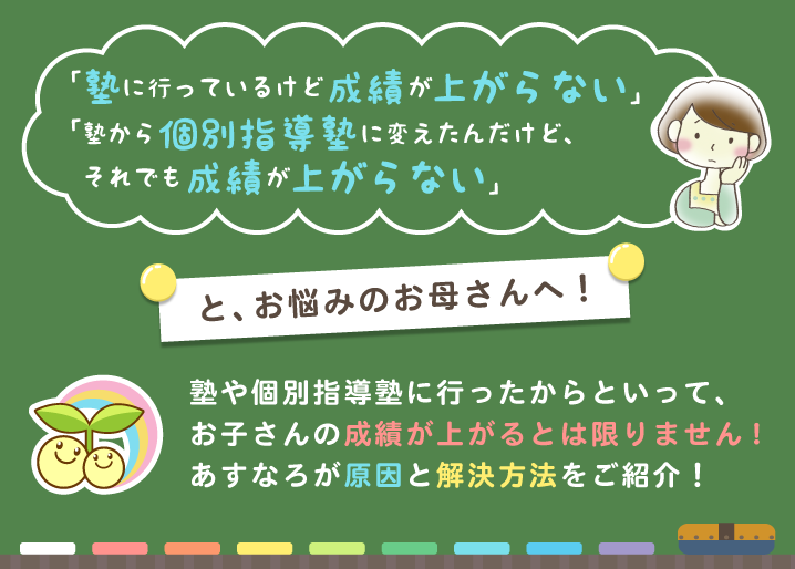 「塾に行っているけど成績が上がらない」「塾から個別指導塾に変えたんだけど、それでも成績が上がらない」と、お悩みのお母さんへ！塾や個別指導塾に行ったからといって、お子さんの成績が上がるとは限りません!あすなろが原因と解決方法をご紹介！