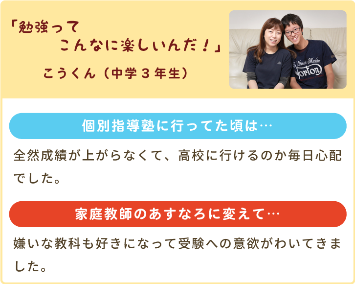 「勉強ってこんなに楽しいんだ！」こうくん（中学3年生）個別指導塾に行ってた頃は…全然成績が上がらなくて、高校に行けるのか毎日心配でした。家庭教師のあすなろに変えて…嫌いな教科も好きになって受験への意欲がわいてきました。