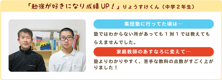 「勉強が好きになり成績UP！」りょうすけくん（中学2年生）集団塾に行ってた頃は…塾ではわからない所があっても1対1では教えてもらえませんでした。家庭教師のあすなろに変えて…塾よりわかりやすく、苦手な教科の点数がすごく上がりました！