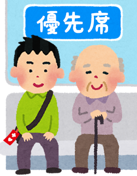 電車の優先席にヘルプマークを持った人が座っているイラスト