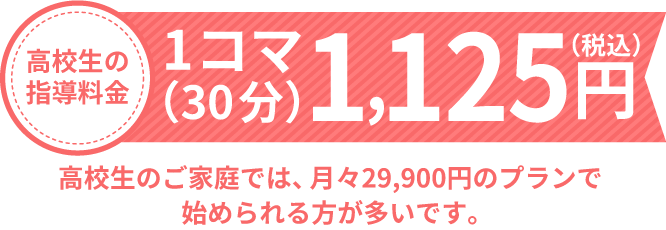 高校生の指導料金 1コマ（30分）1,125円 高校生のご家庭では、月々29,900円円のプランで始められる方が多いです。