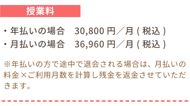 授業料。年払いの場合30,800円／月(税込)、月払いの場合36,960円／月(税込)。※年払いの方で途中で退会される場合は、月払いの料金×ご利用月数を計算し残金を返金させていただきます。