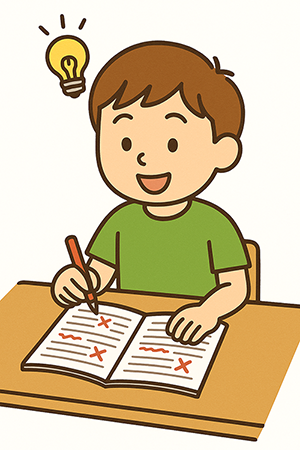 間違いの見直しをする男の子