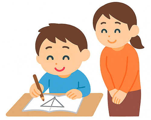 笑顔でノートをとる男の子と見守る母親