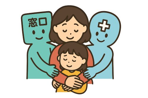 周囲のサポートに守られて安心している不登校の女の子と母親