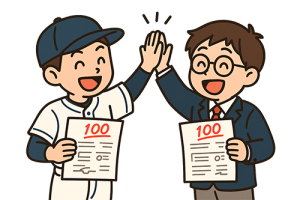 保健体育の筆記テストがうまくいき喜ぶ男の子たち