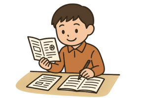 テスト前に笑顔でプリントの見返しをする男の子