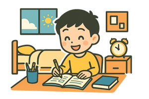 早起きで調子よく勉強する男の子