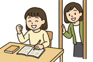 テスト勉強で笑顔の女の子と見守る母親