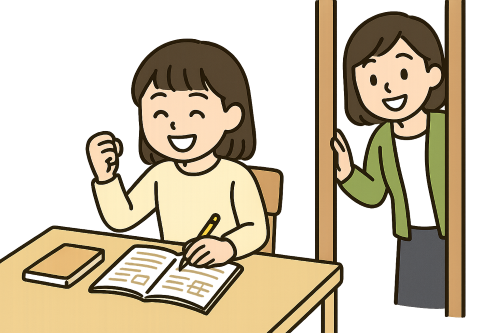 テスト勉強で笑顔の女の子と見守る母親