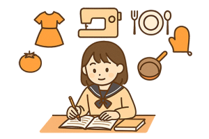 家庭科筆記テストの勉強をする女の子