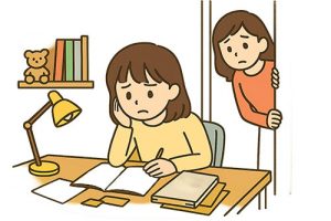 テスト勉強で悩む女の子と心配そうに見守る母親