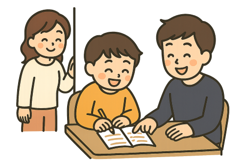 家庭教師と勉強する男の子と安心して見守る母親