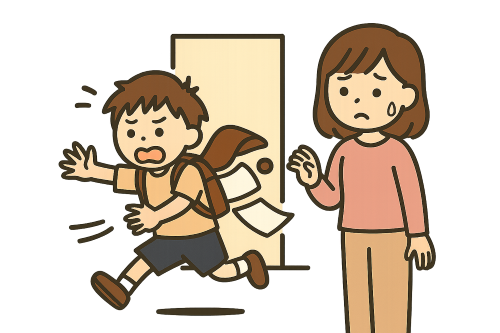 遅刻にあせる男の子と不安そうに見守る母親