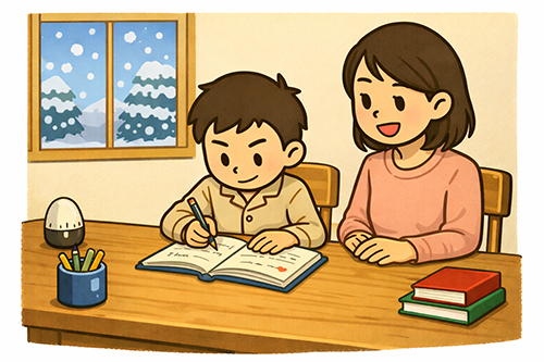 冬休みの勉強を見守る母親