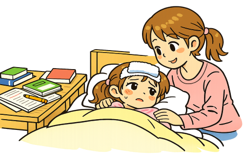 受験シーズンに体調を崩して不安な女の子と支える母親