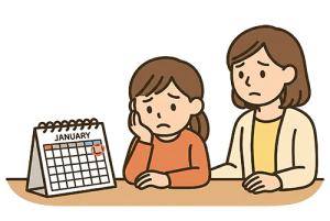 冬休みが終わるので憂鬱な女の子と心配そうに見守る母親