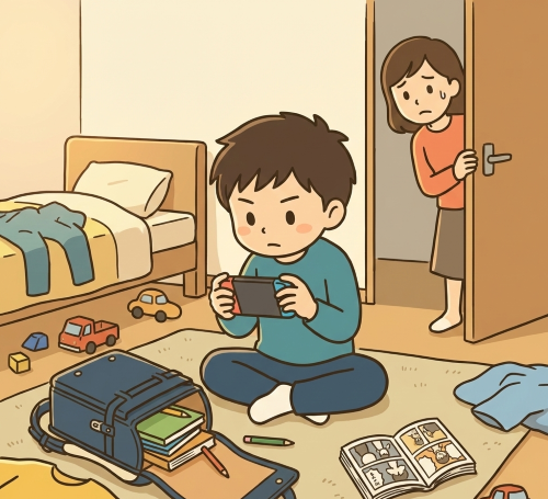 疲れて夜に勉強が進まない男の子