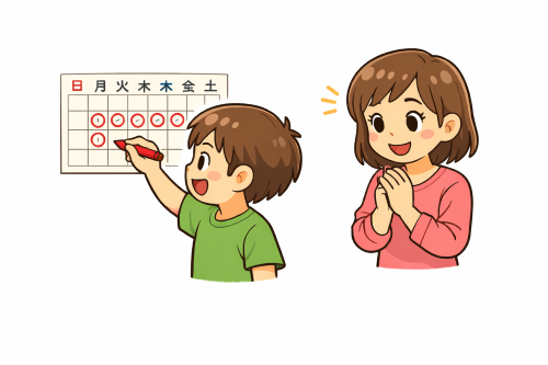 勉強習慣がついてきた男の子を笑顔で見守る母親