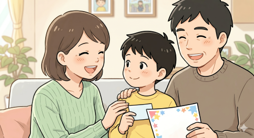 学校でがんばっている子どもを褒める両親