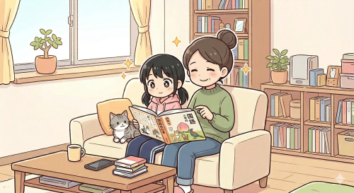 親子で一緒に読書をしている