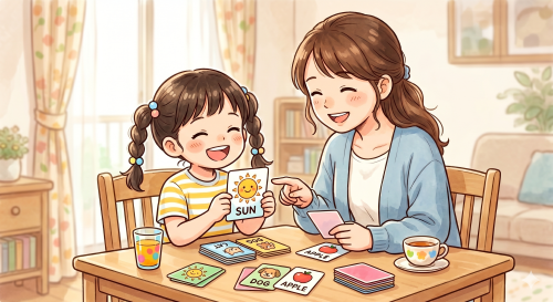 母親と楽しく英語の勉強をする女の子