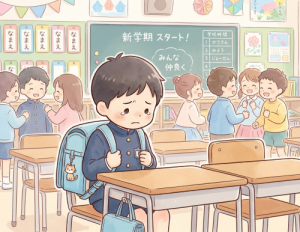新年度で新しいクラスの環境になじめず不安そうな男の子