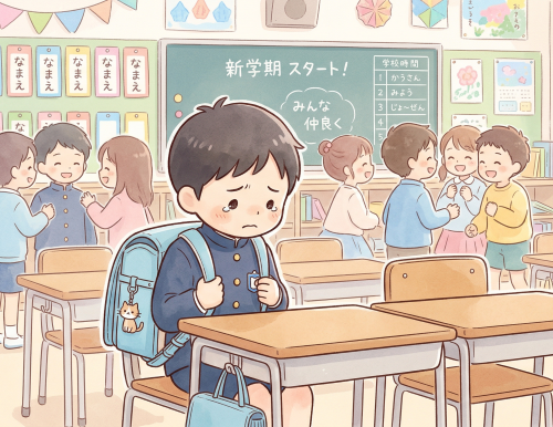 新年度で新しいクラスの環境になじめず不安そうな男の子