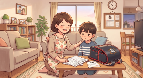 学力テストが終わって帰ってきた男の子を褒める母親