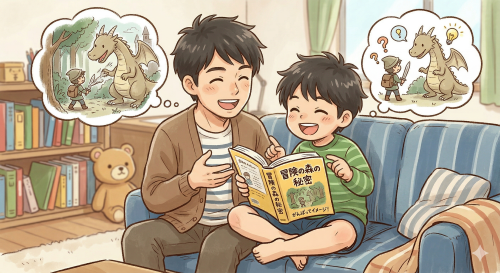 読書の感想を楽しそうに話している親子