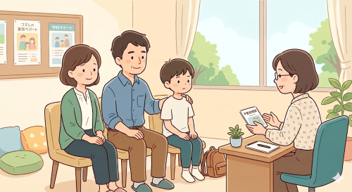 5月病の男の子と専門機関を受診する保護者