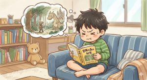 本を読んで内容をイメージしようと頑張る男の子