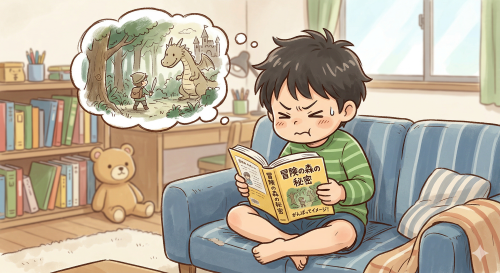 本を読んで内容をイメージしようと頑張る男の子