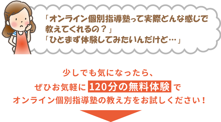 「オンライン個別指導塾って実際どんな感じで教えてくれるの？」「ひとまず体験してみたいんだけど…」少しでも気になったら、ぜひお気軽に120分の無料体験でオンライン個別指導塾の教え方をお試しください！