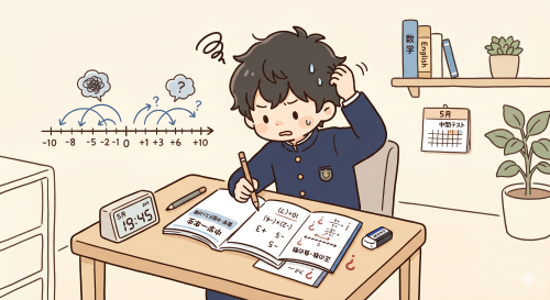 初めての定期テストで数学の勉強に苦戦する男の子