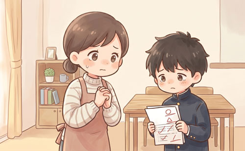 子どもの定期テストの結果にもの言いたげな母親