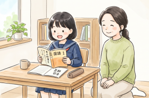 国語の定期テスト勉強を見守る母親