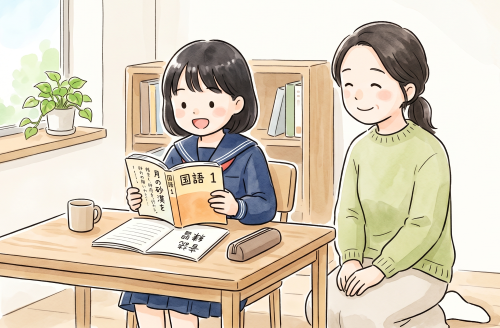 国語の定期テスト勉強を見守る母親