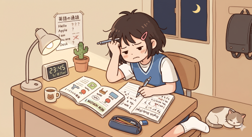 初めての中間テストで英語の勉強に苦戦する女の子