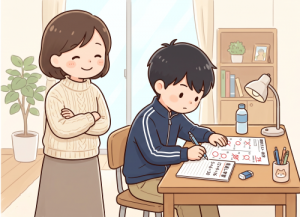 期末テストの間違いを見直し学習する男の子