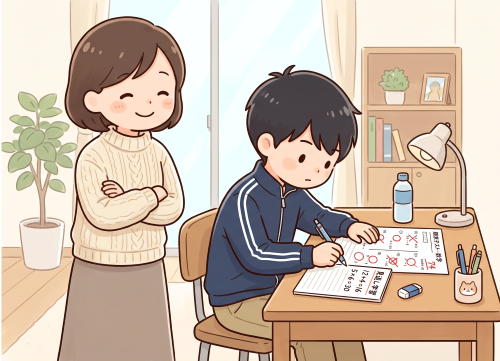 期末テストの間違いを見直し学習する男の子