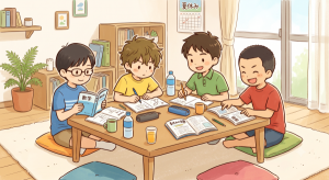 夏休みに友達の家に集まって勉強する男の子たち