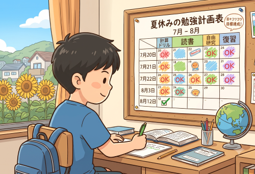 計画的に夏休みの勉強を進める男の子