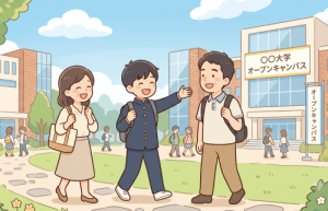 両親と一緒にオープンキャンパスに参加した男子高校生