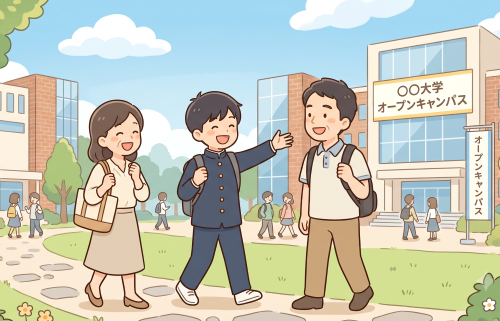 両親と一緒にオープンキャンパスに参加した男子高校生