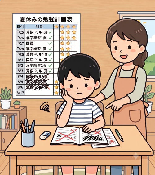 勉強の計画が崩れた男の子に母親がアドバイスしている