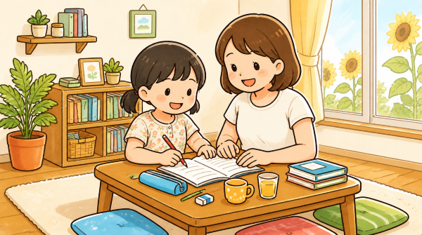 夏休みの宿題をする女の子とサポートする母親